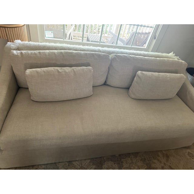 Restoration Hardware Belgian Slipcovered Slope Arm Bench-Cushion Sofa in Sand Performance Linen, 7ft (Pair Available) For Sale In San Francisco - Image 6 of 14