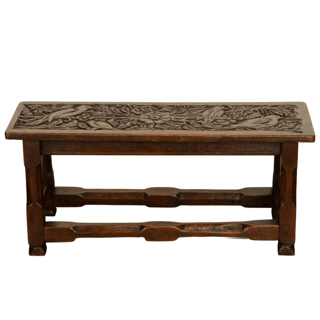Antique English Carved Oak Arts & Crafts Hall Bench Seat 'Birds in a Tree' 1900 For Sale - Image 4 of 14