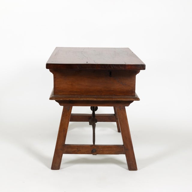 Spanish Spanish Chestnut Low Table With Single Panel Drawer on Trestle Base Circa 1800 For Sale - Image 3 of 10
