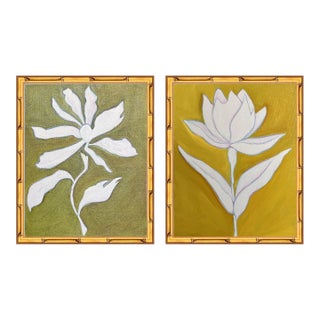 Original Botanical Diptych — Magnolia & Lotus, Oil on Canvas in Gold Bamboo Frames, 11" X 14" Each, by Tatiana Duperault For Sale