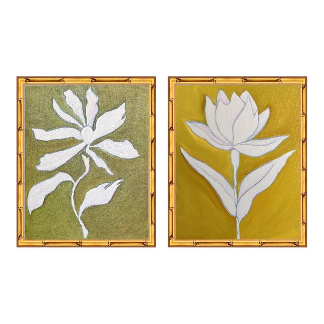 Original Botanical Diptych — Magnolia & Lotus, Oil on Canvas in Gold Bamboo Frames, 11" X 14" Each, by Tatiana Duperault For Sale
