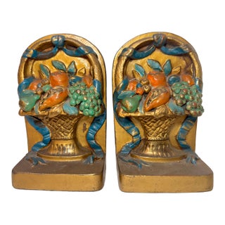 Large Pair Antique j.b. Hirsch Patinated Bronze Clad Fruit Baskets Bookends For Sale