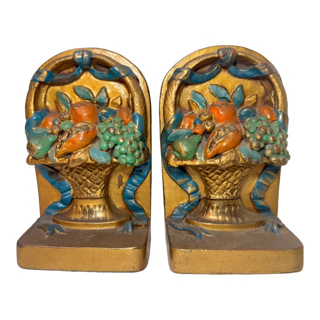 Large Pair Antique j.b. Hirsch Patinated Bronze Clad Fruit Baskets Bookends For Sale