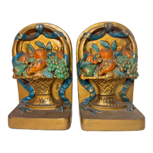 Large Pair Antique j.b. Hirsch Patinated Bronze Clad Fruit Baskets Bookends