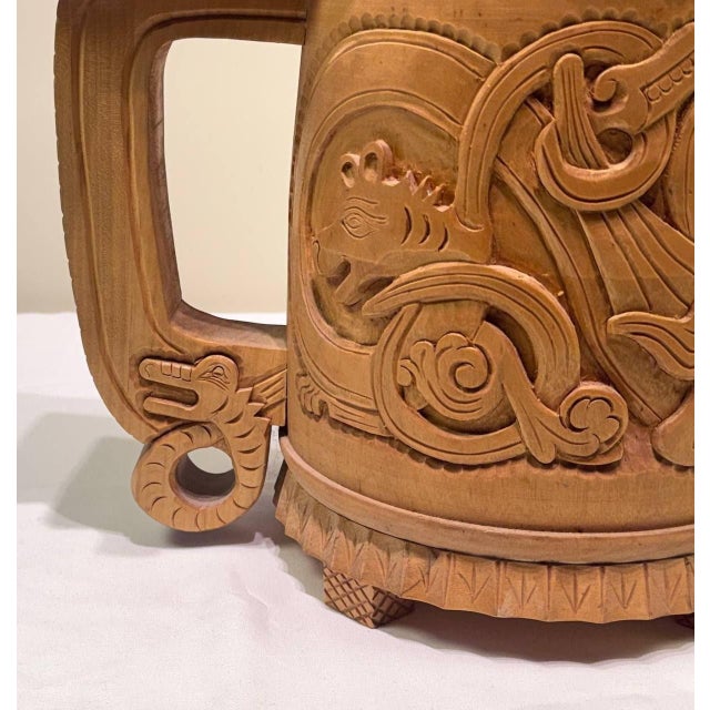 Wood Large Vintage Norwegian Hand-Carved Wooden Viking Dragon Tankard With Lid For Sale - Image 7 of 10