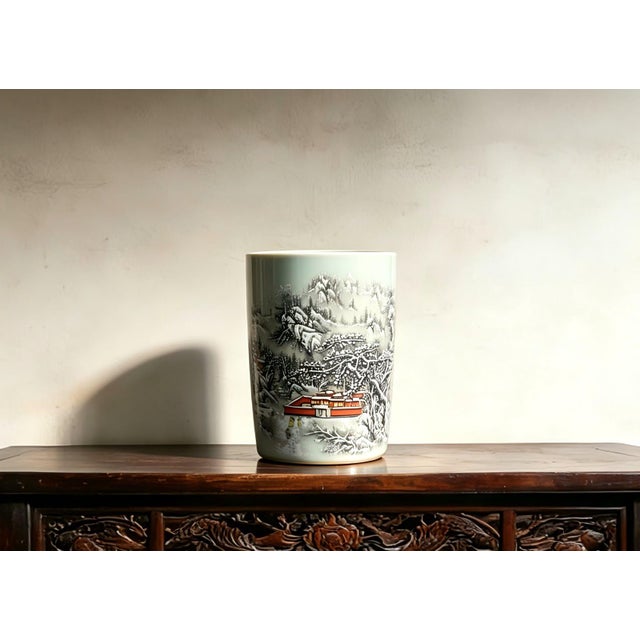 Art Deco Chinese Ceramic Pot,Famille Rose Porcelain Brush Pot Hand Painted Snow Scene Landscape Pattern For Sale - Image 3 of 9