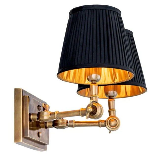 Vintage Brass Metal Double Wall Lamps with Black Fabric Shades, Set of 2 For Sale - Image 5 of 7