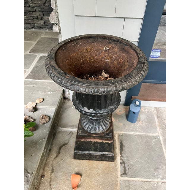 Vintage Pair Heavy Cast Iron Urns on Pedestals. Believed to Be Early 20th Century. For Sale In New York - Image 6 of 7