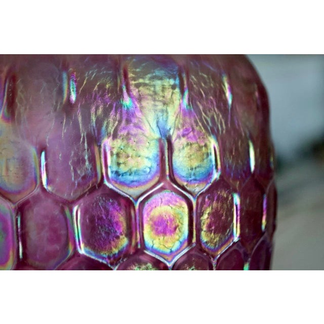 Contemporary Josh Ries Handblown Glass Vase – Iridescent Pink Embossed Honeycomb Studio Art Glass For Sale - Image 3 of 7