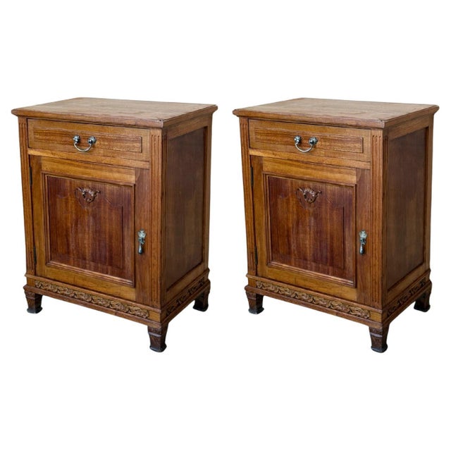 French Art Deco Marble Top Nightstands or Bedside Cabinets in Walnut, 1930, A Pair For Sale - Image 15 of 18