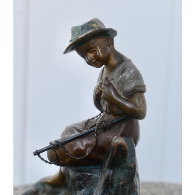 Metal Heinrich W Hirschen Bronze Fishing Boy Antique Austrian Figure With Onyx Base For Sale - Image 7 of 17