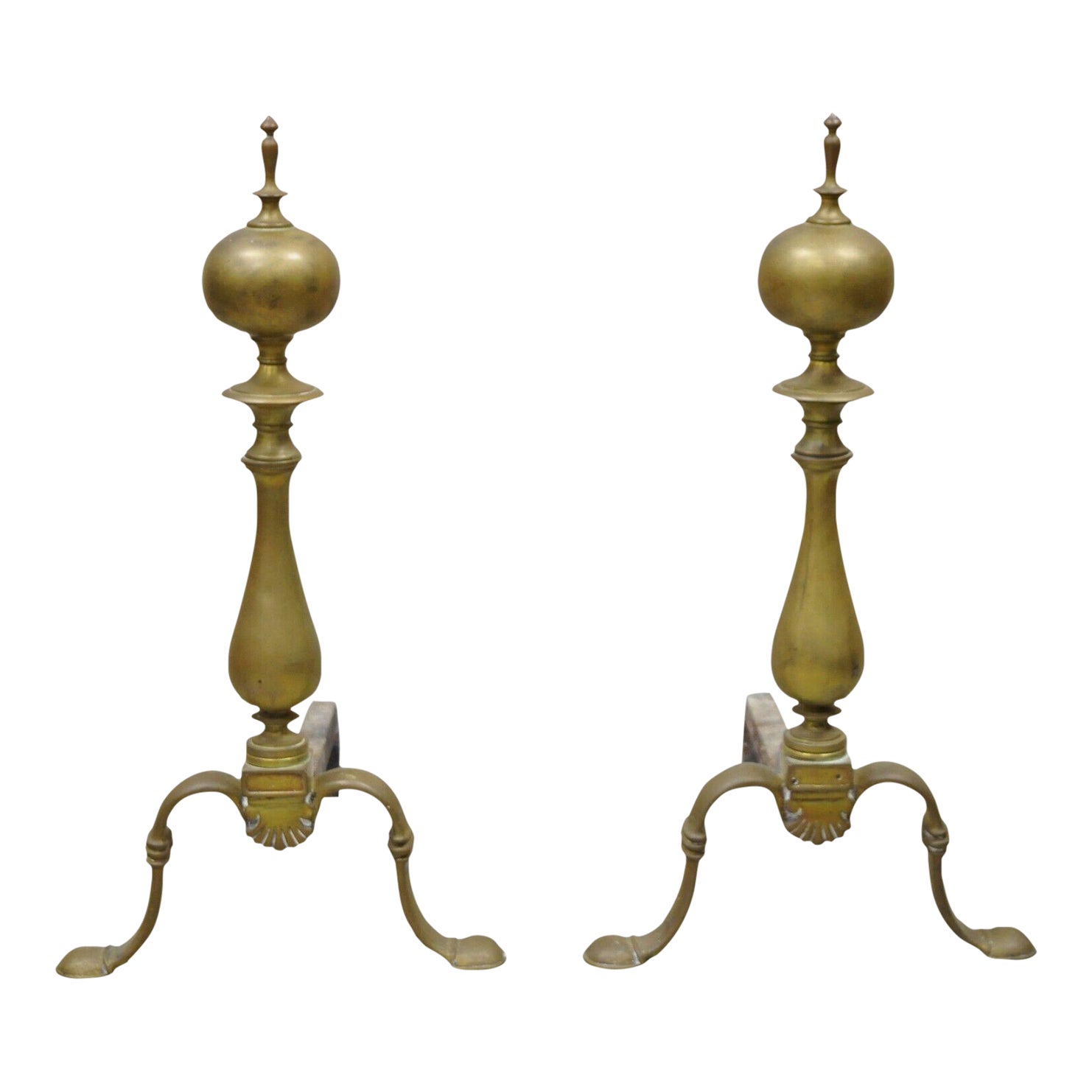 Antique Federal Brass Cannonball Cast Iron Fireplace Hearth Andirons