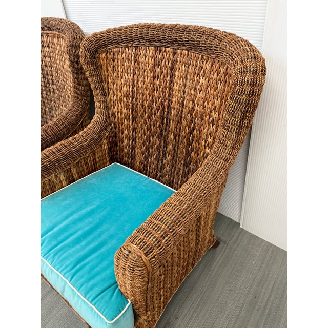 Rattan Wingback Mid 20th Century Chairs, Pair For Sale - Image 4 of 12