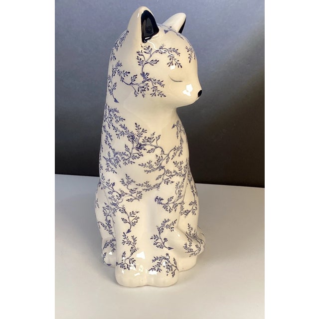 Vintage Chinese Blue and White Floral Ceramic Cat Figurine For Sale - Image 4 of 7