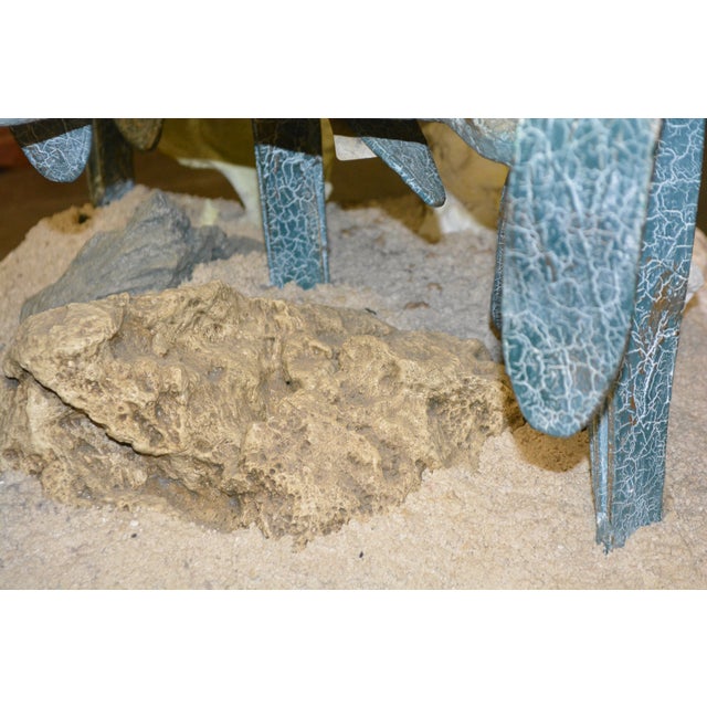 VTG Metal / 'Bronze' Aqua Patina Sea Turtles Ocean Round Glass Coffee Table For Sale - Image 17 of 18