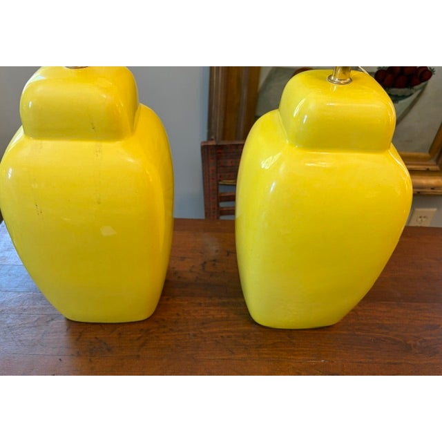 Mid 20th Century Mid Century Yellow Ceramic Lamps With Original Green Shades For Sale - Image 5 of 8
