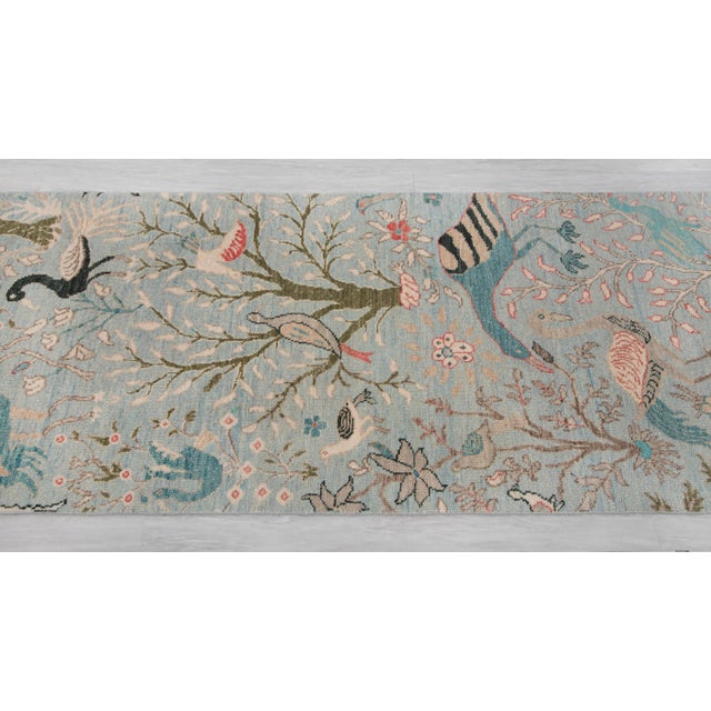 2.6x12ft. Light Blue Peacock Bird Garden Hand Knotted Wool Rug For Sale - Image 9 of 17
