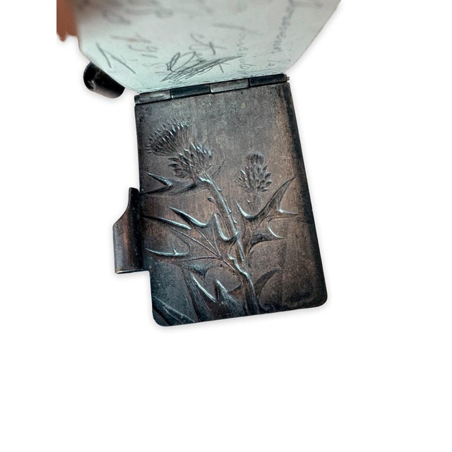 Antique French Silver-Tone Carnet De Notes With Original Pencil, Thistle and Floral Relief For Sale - Image 4 of 11