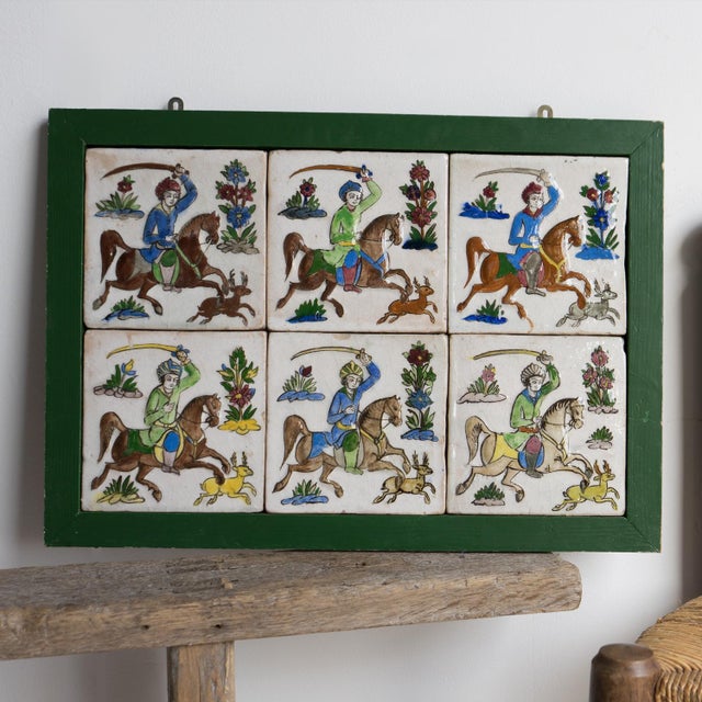 Set of Six Antique Persian Qajar Tiles Depicting Hunters on Horseback, 19th Century For Sale - Image 13 of 14