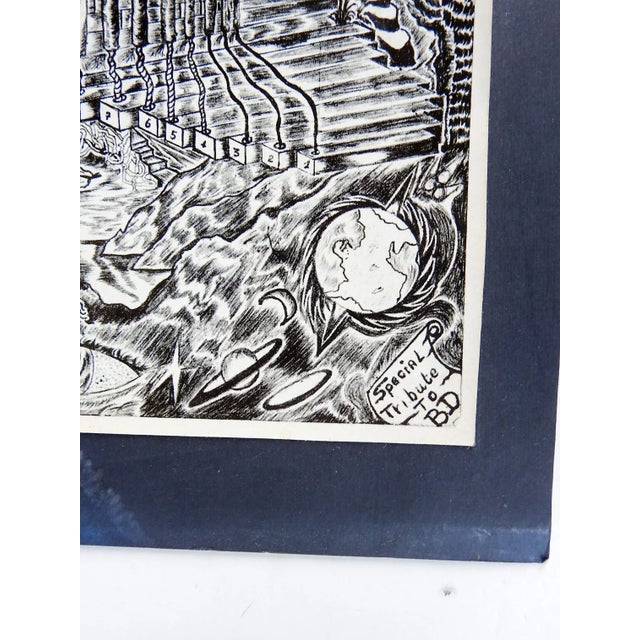 Circa 1980's surreal print. Unframed, mounted on black cardstock, tape on lower left corner of backing, some creasing to...