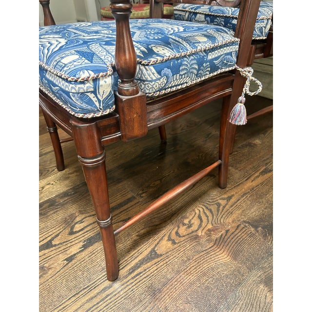 Late 20th Century Pair of Regency Style Mahogany Armchairs With Blue and White Chinoiserie Cushions For Sale - Image 5 of 11