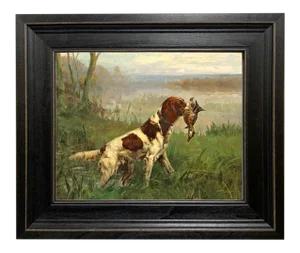 "Setter and a Ruddy Duck" Contemporary Reproduction Print on Canvas After Percival Rosseau, Framed 11-1/2" X 13-1/2"