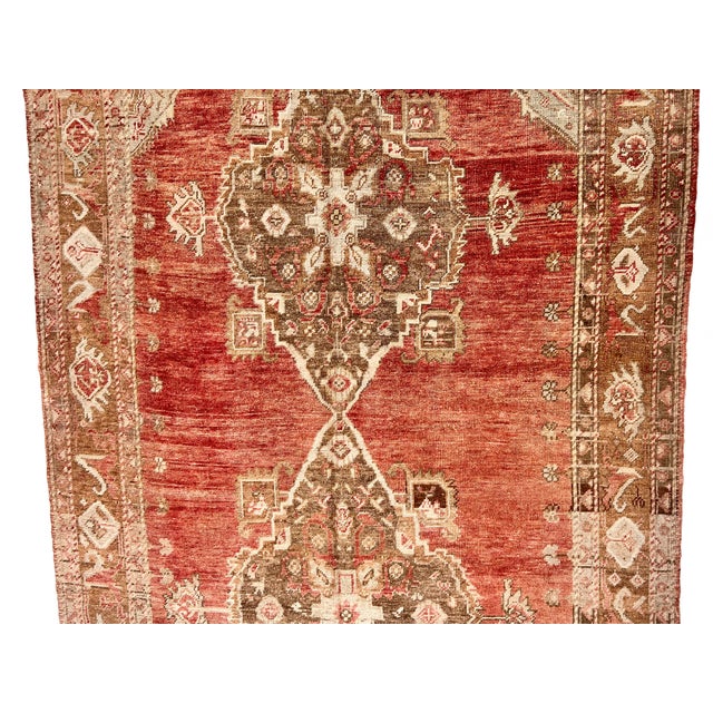 Textile Vintage Circa 1940 Light Brick Turkish Oushak Hand Knotted Wool Runner, 4ft 11in X 12ft 7in For Sale - Image 7 of 11