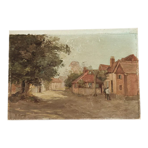 Early 20th Century Original Antique Oil Painting on Board, Village Street