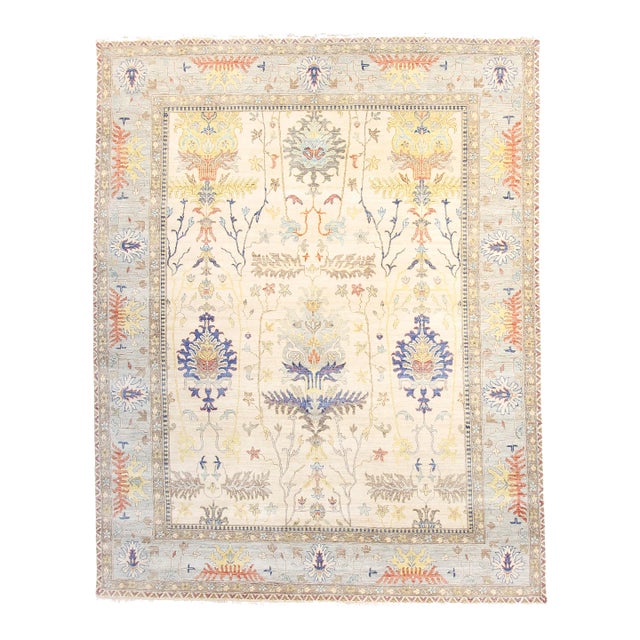 Oushak Hand Knotted Wool Rug, Ivory/Light Blue - 12' x 15' For Sale