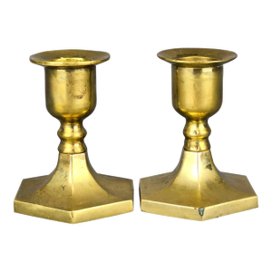 Antique Victorian Brass Candlestick Holders Short Hexagon Base Set of 2