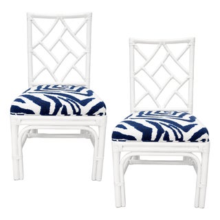 Pair of Vintage Chippendale Bamboo Side Chairs With Navy & White Zebra Seats For Sale