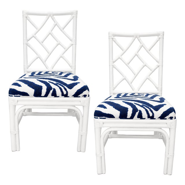 Pair of Vintage Chippendale Bamboo Side Chairs With Navy & White Zebra Seats For Sale
