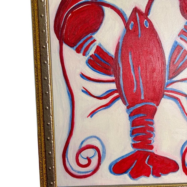 Folk Art Original Lobster Painting in Ornate Gold Studded Frame, Oil on Canvas, 13" X 16" by Tatiana Duperault For Sale - Image 3 of 5