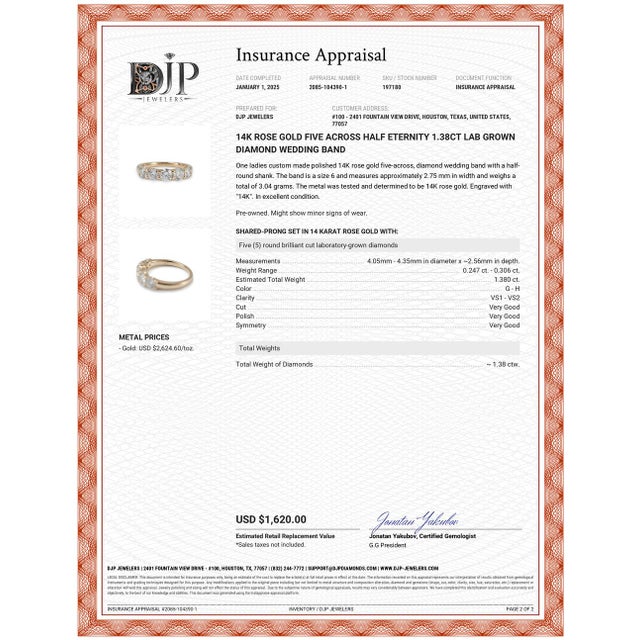 Rose 14k Rose Gold Five Across Half Eternity 1.38ct Lab Grown Diamond Wedding Band For Sale - Image 8 of 9