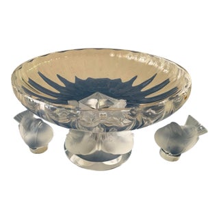 Lalique "Nogent" Crystal Compote Bowl and Stand Alone Sparrows (Signed) For Sale