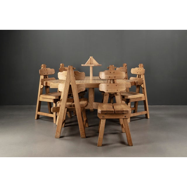 Wood Brutalist Triangular Oak Dining Table and Chairs, Netherlands, 1960s, Set of 8 For Sale - Image 7 of 18