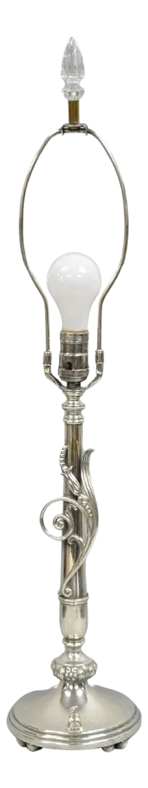 Antique French Art Nouveau Silver Plated Scrollwork Column Small Table Lamp