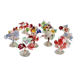 Miniature Bouquet of Colorful Glass Flowers Place Card Holders in Glass Base - 12 Pieces For Sale