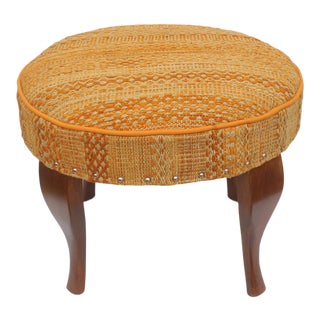 Boho Chic Orange Brown Handmade Kilim Upholstered Ottoman For Sale