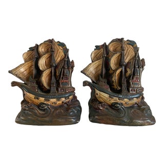 Antique Spanish Tall Ship “Invincible Armada” Armor Bronze Bookends - a Pair For Sale