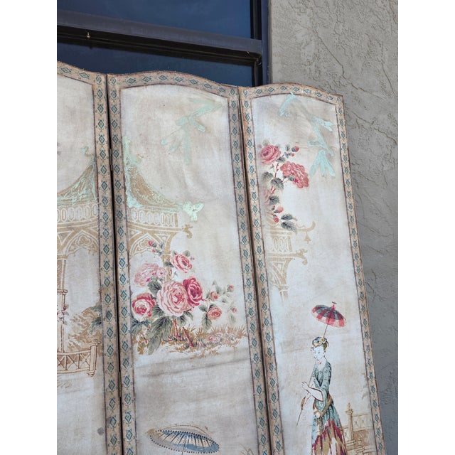 Antique White Vintage Four Panel French Chinoiserie Fabric Screen For Sale - Image 8 of 15