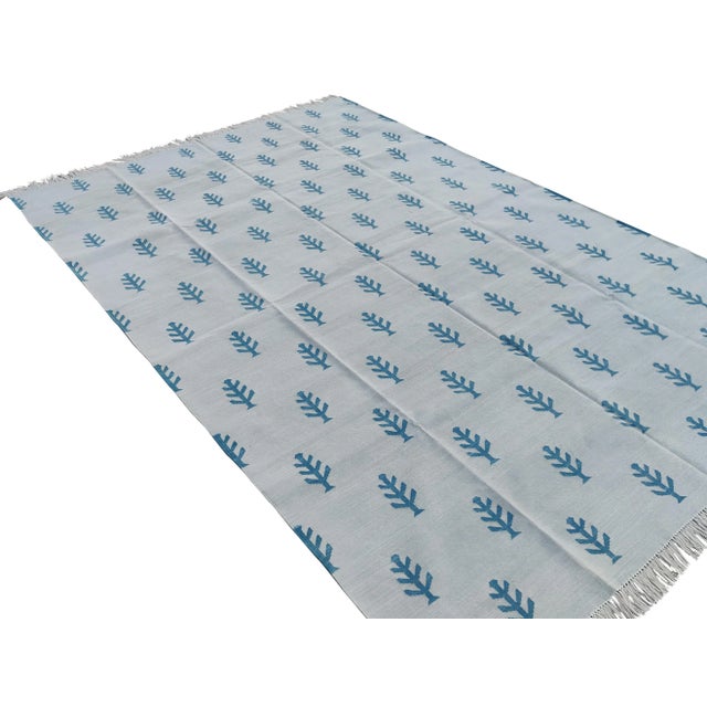 Textile Handmade Pale Aqua and Teal Blue Cotton Tree Pattern Rug - 8x10 For Sale - Image 7 of 11