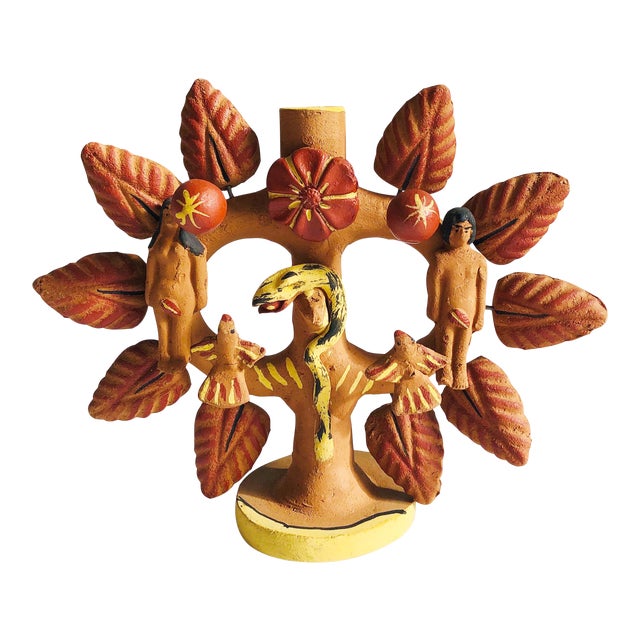 Vintage Mexican Folk Art Tree of Life Candle Holder / Adam and Eve