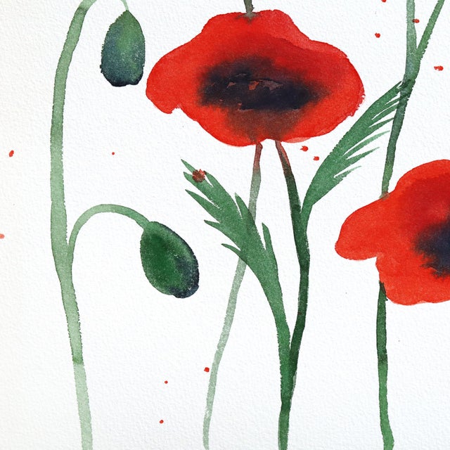 Contemporary Poppies II - Original Red Floral Still Life Watercolor Painting on Paper For Sale - Image 3 of 7