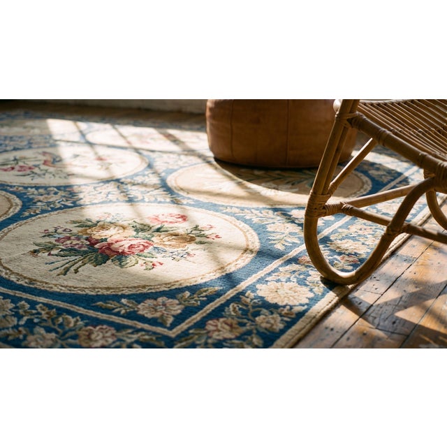 1870s Blue Floral Antique English Victorian Needlepoint Carpet 6' X 6' Flatweave Wool Rug For Sale - Image 12 of 12