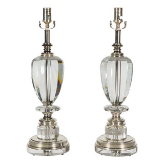 Mid 20th Century French Crystal Single-Light Table Lamps on Lucite Bases - Pair For Sale