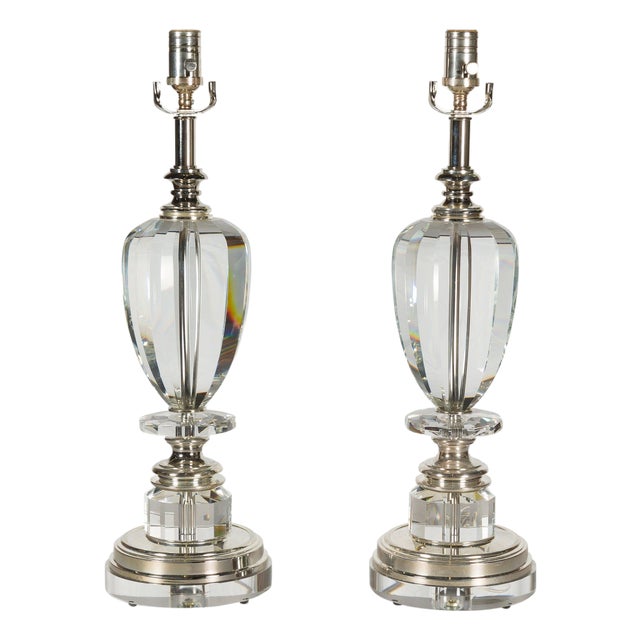 Mid 20th Century French Crystal Single-Light Table Lamps on Lucite Bases - Pair For Sale