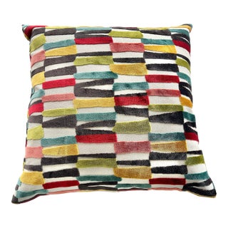 Contemporary Bold Multicolor Stricker Geometric Cut Velvet Throw Pillow For Sale