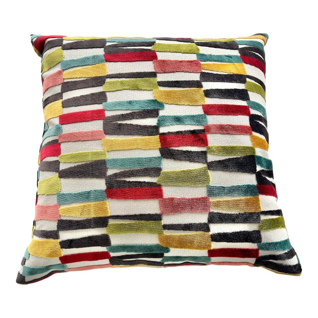 Contemporary Bold Multicolor Stricker Geometric Cut Velvet Throw Pillow For Sale