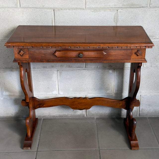 Vintage Wood Refectory Console Table with Drawer and Lyre Legs For Sale - Image 11 of 11